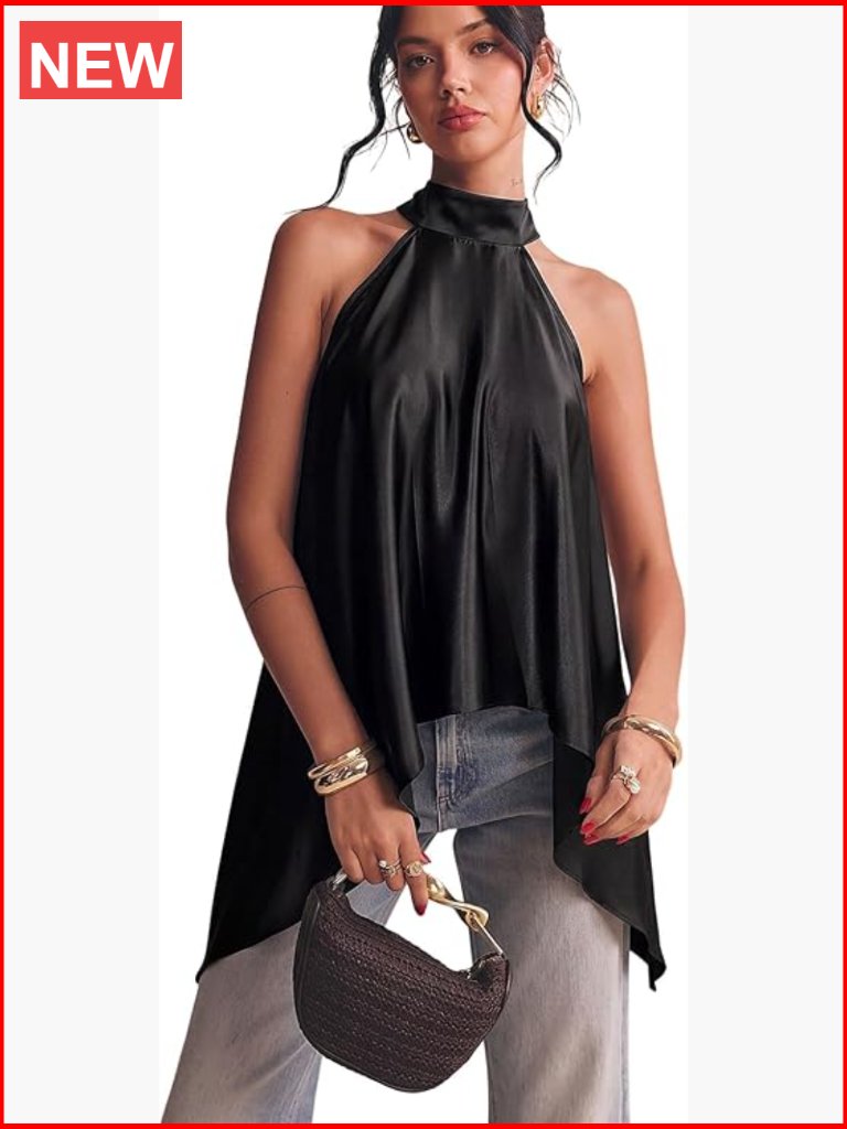 Sleeveless Halter Neck Satin Blouse Flowy Asymmetrical Hem Club Top